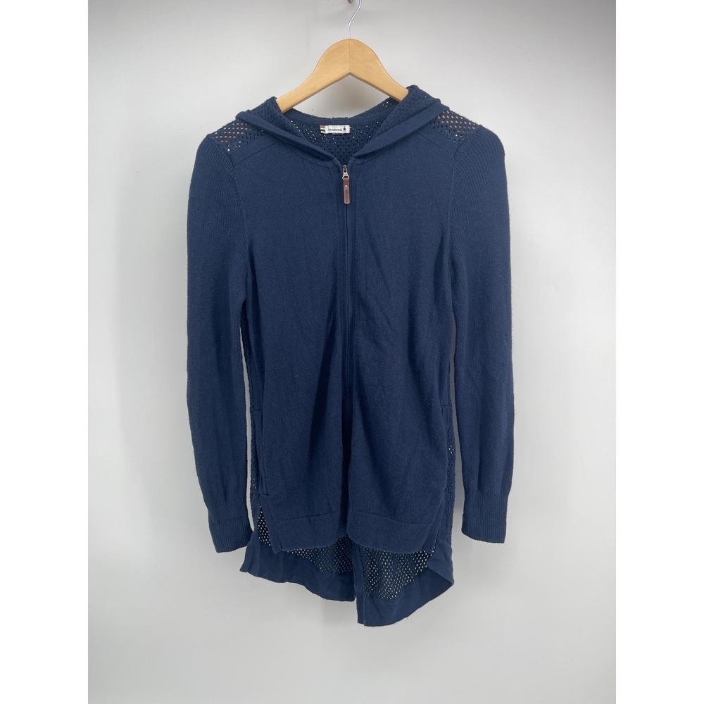 Smartwool Navy Blue Cotton Wool Blend Pointelle Mesh Back Full Zip Hoodie XS